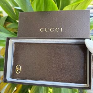 Vintage GUCCI Leather Long Bifold Wallet Brown Authentic with Box